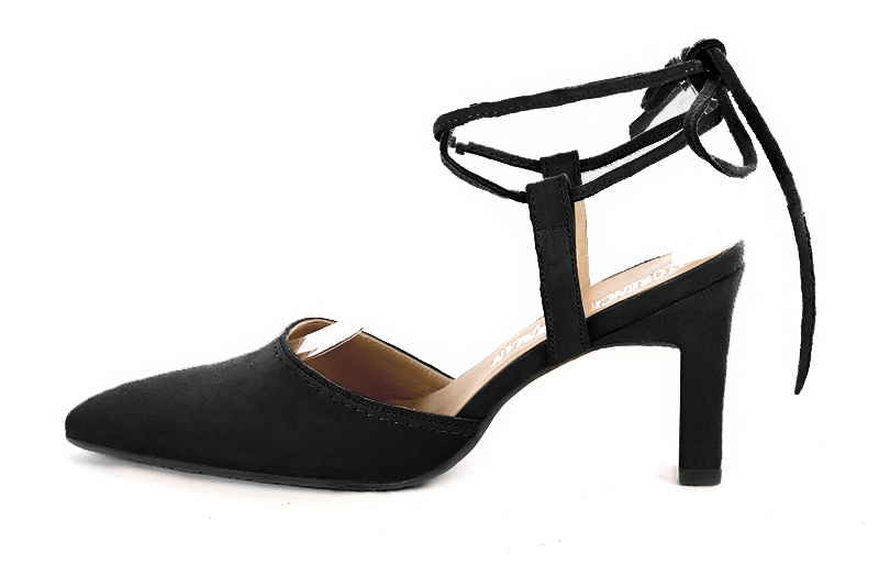 Matt black women's open back shoes, with crossed straps. Tapered toe. High comma heels. Profile view - Florence KOOIJMAN